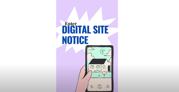 Graphic of a hand holding a mobile phone, with the words 'enter digital site notice' in the background