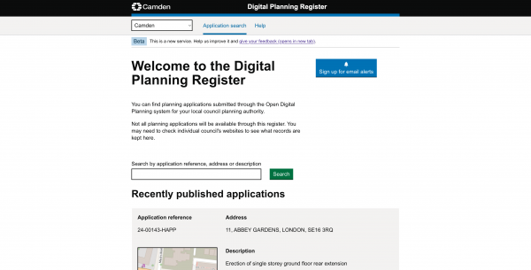 Screen shot of the Welcome to the Digital Planning Register webpage